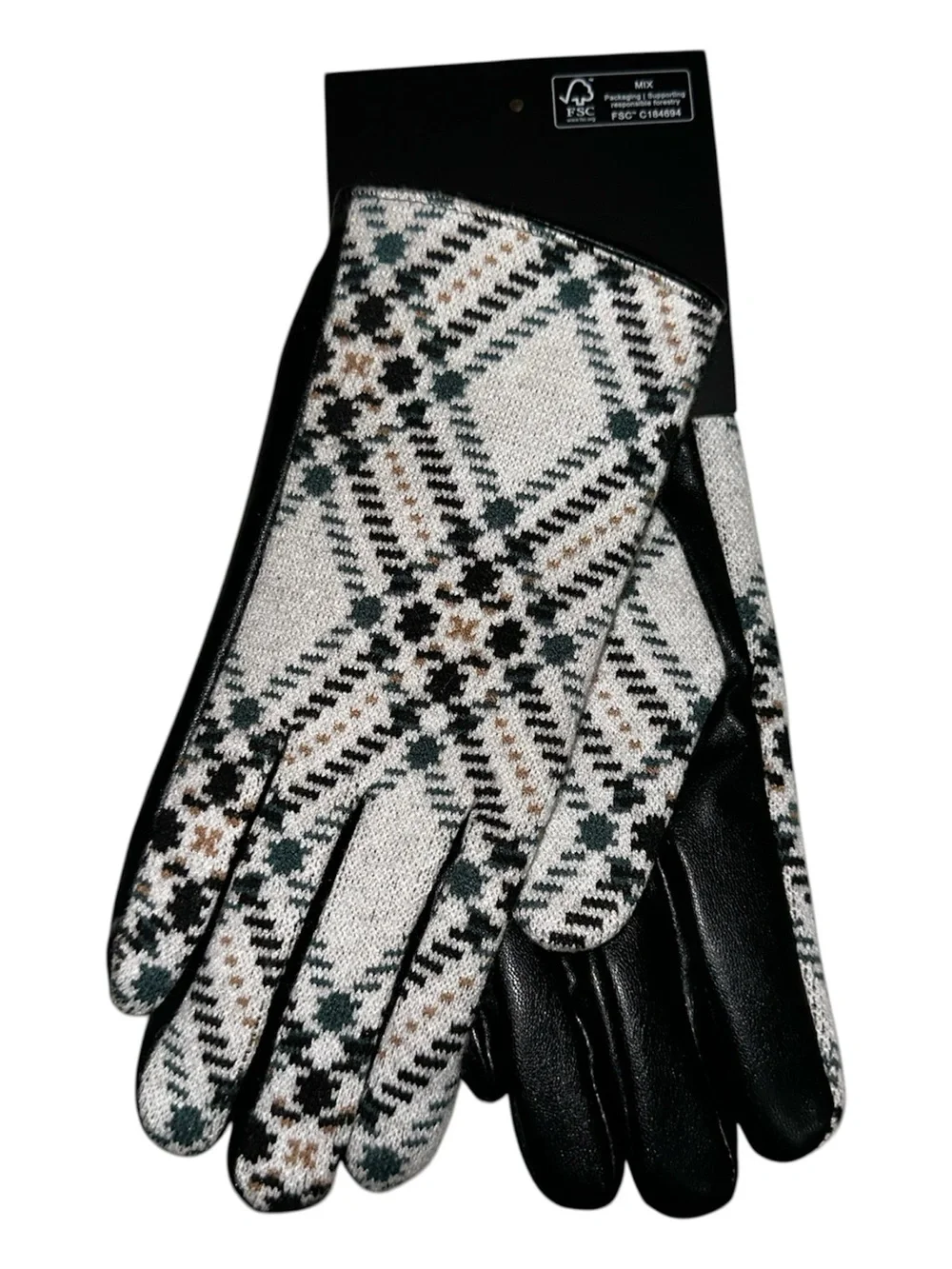 Tahari Plaid Knit Faux Leather Gloves Cream Black Green Gold NWT